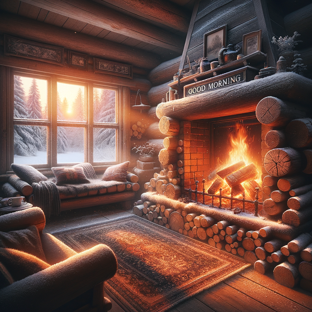 A serene good morning image of a cozy winter scene with a fireplace and snow outside.