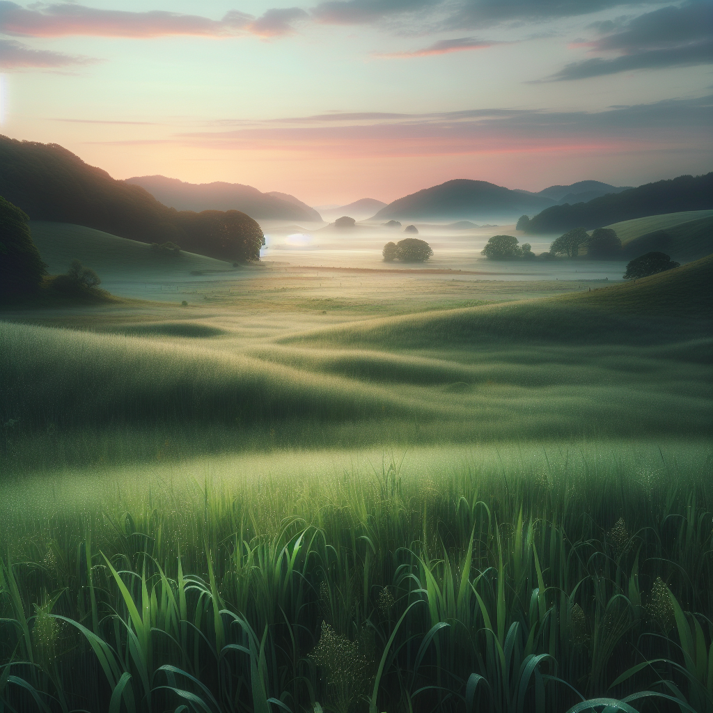 A tranquil countryside at dawn with glistening dew on lush grass, pastel skies signaling a serene good morning image.