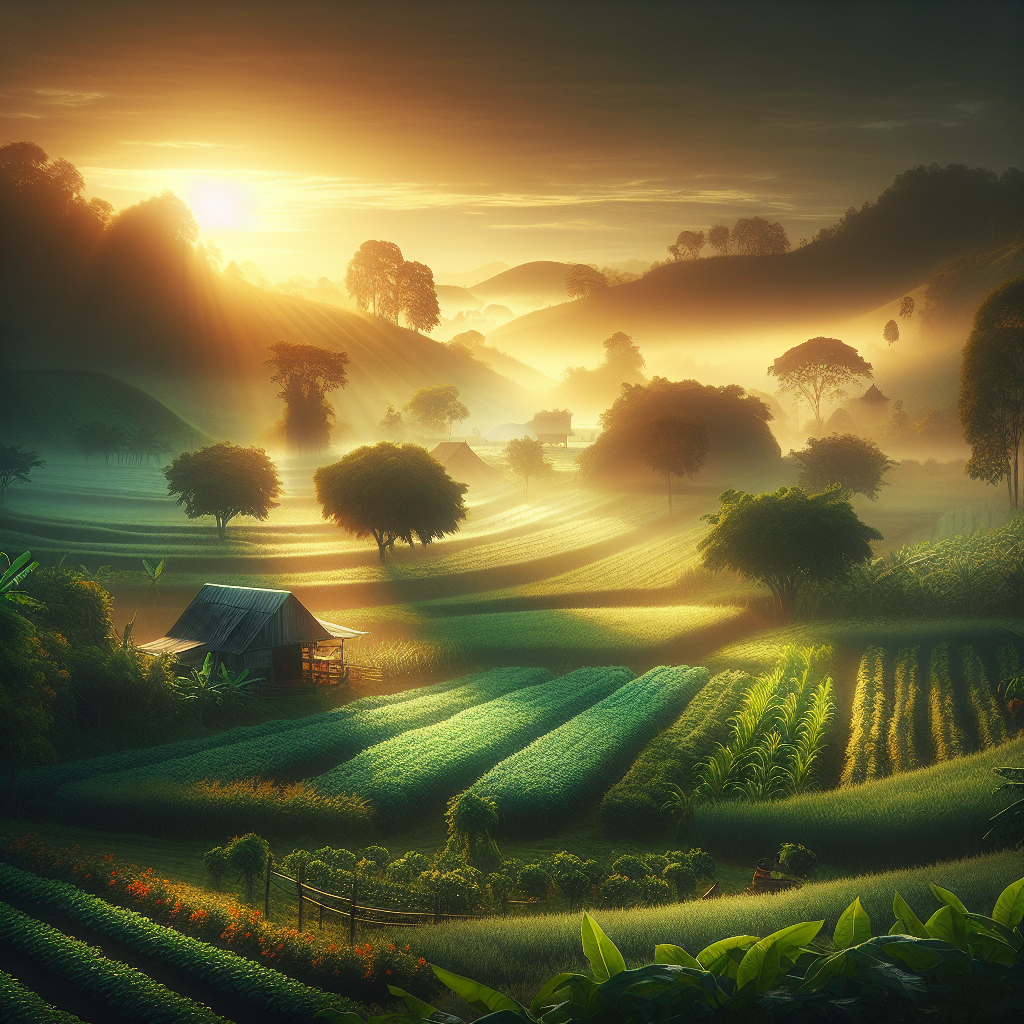 Serene sunrise over a well-kept farm, holy flowery vegetation under warm dawn light, symbolizing a fresh start with this good morning image.