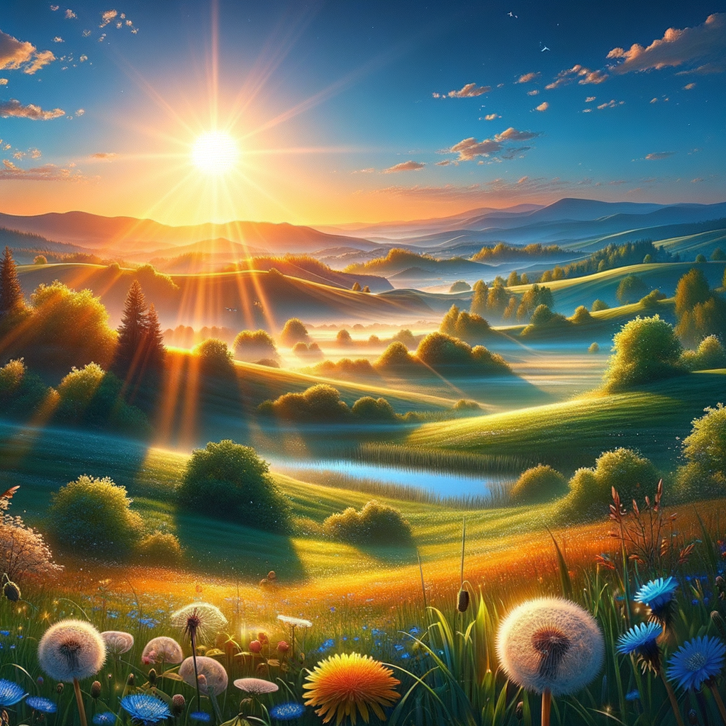 Lush green meadows and blooming flowers bathed in the warm glow of a bright spring morning, good morning image.