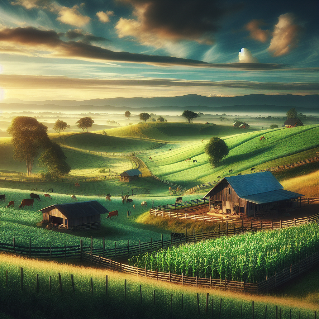 A tranquil good morning image featuring a farmhouse and vibrant countryside under a blue sky with warm sunlight.