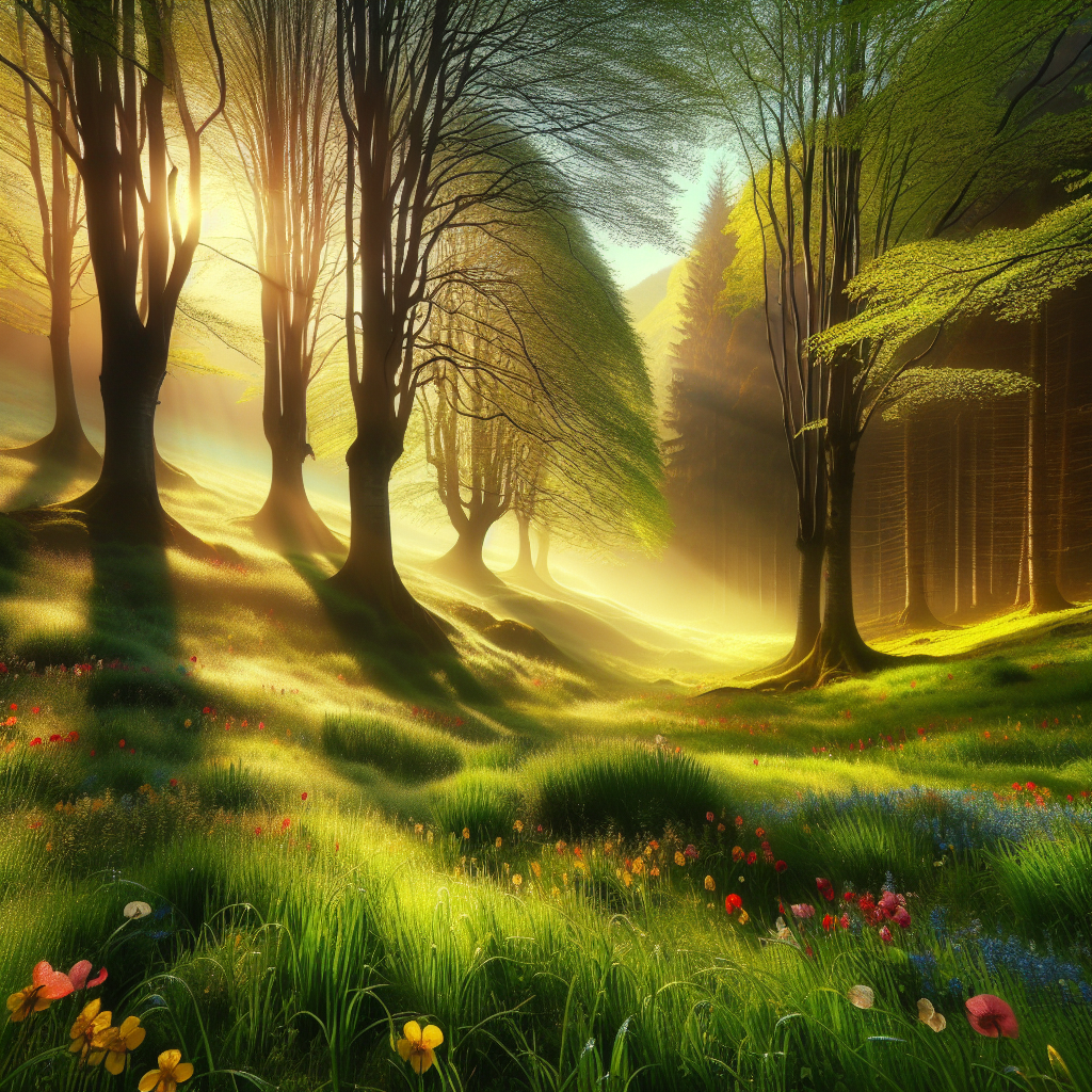 A good morning image of a spring landscape with trees full of new leaves, lush grass, and vibrant flowers glowing in the morning light.