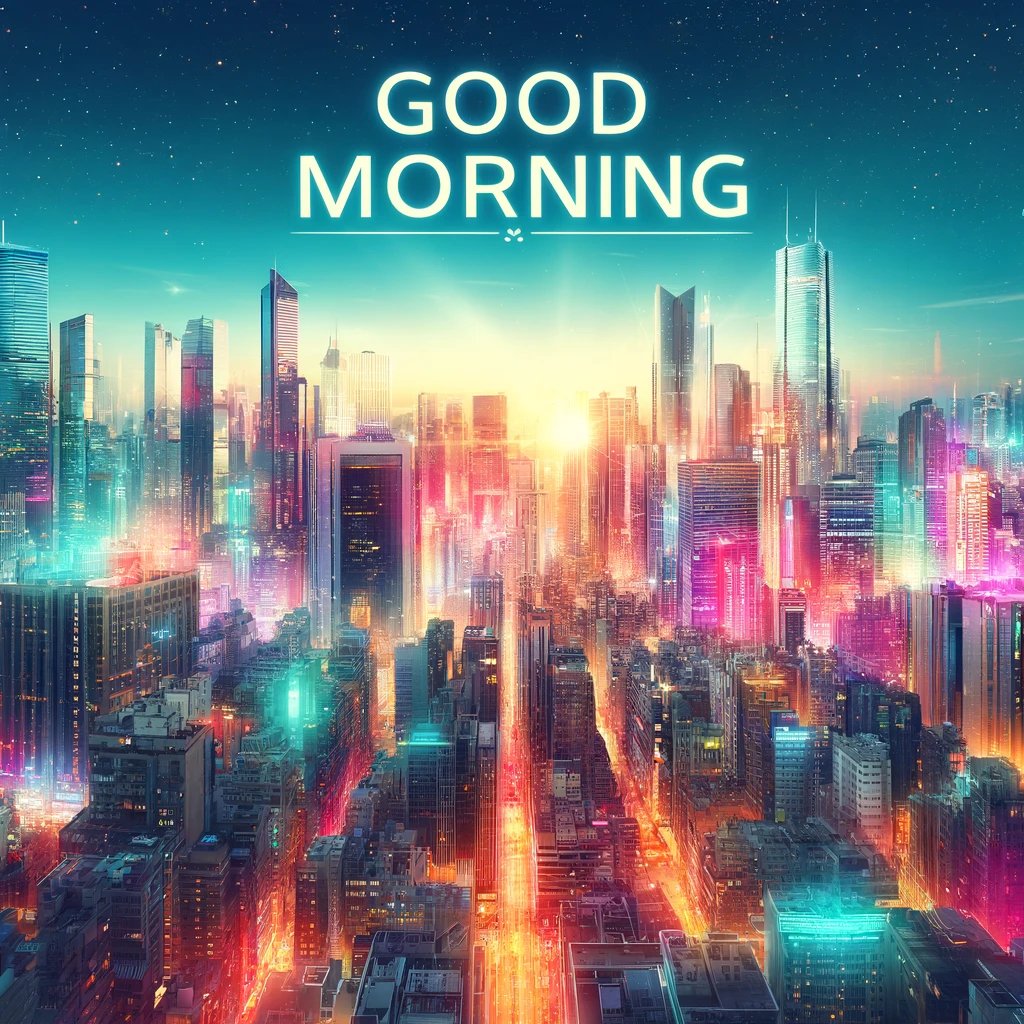 Good morning image of a vibrant cityscape with glowing skyscrapers and colorful streets, sans crowd.