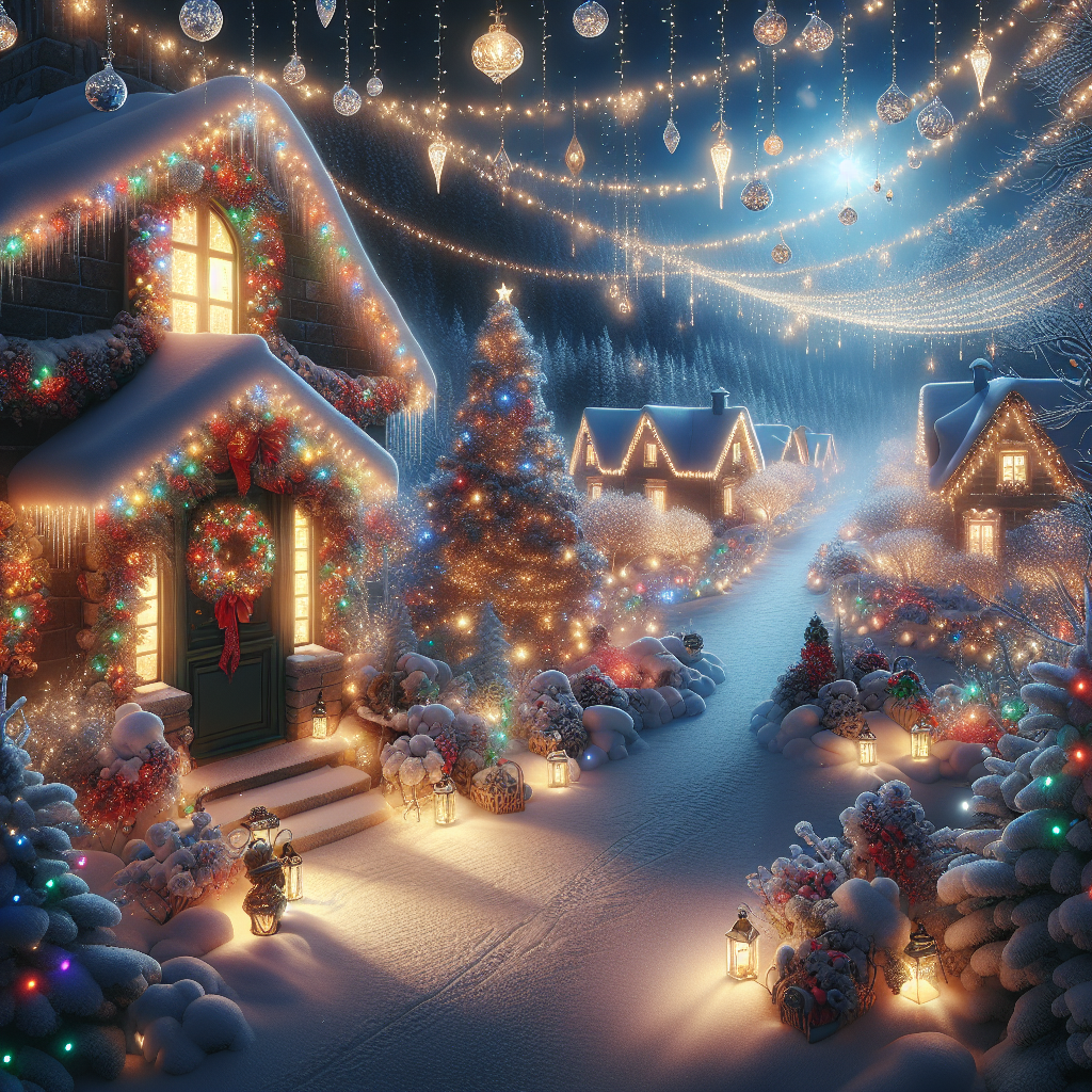 A picturesque early morning winter scene with no people, featuring snow-covered rooftops, vibrant decorations and a glowing tree in a festive setting, perfect as a good morning image.