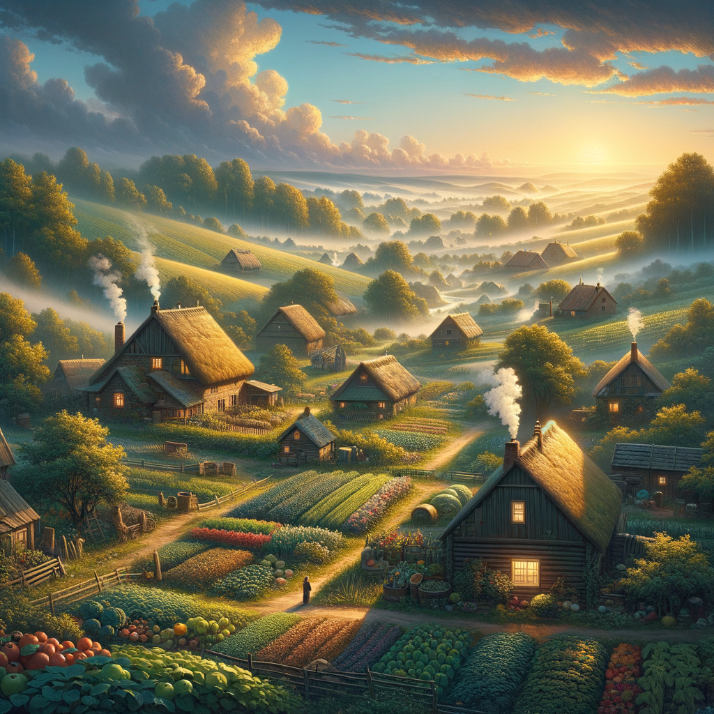 A tranquil good morning image depicting a serene countryside with glowing farmhouses and smoke gently rising at dawn.