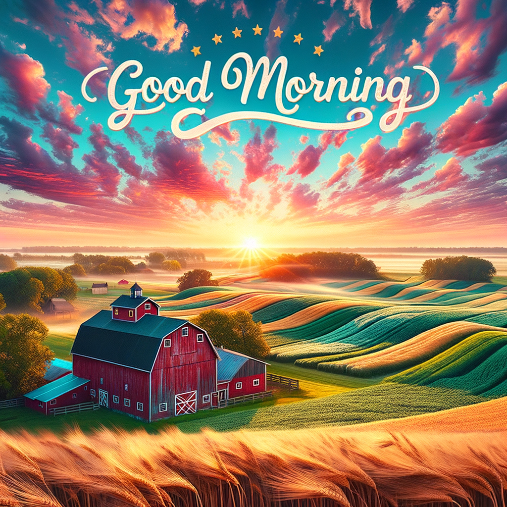 Tranquil morning on a farm with rolling pastures, a red barn, grain fields, and a sunrise sky displaying 'Good Morning'.