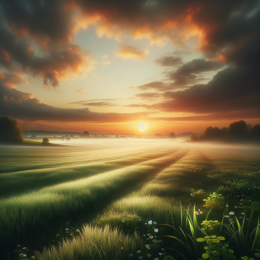 A tranquil spring morning, featuring a dewy green field under a brightening sky with soft orange and pink tones, epitomizing a peaceful good morning image.