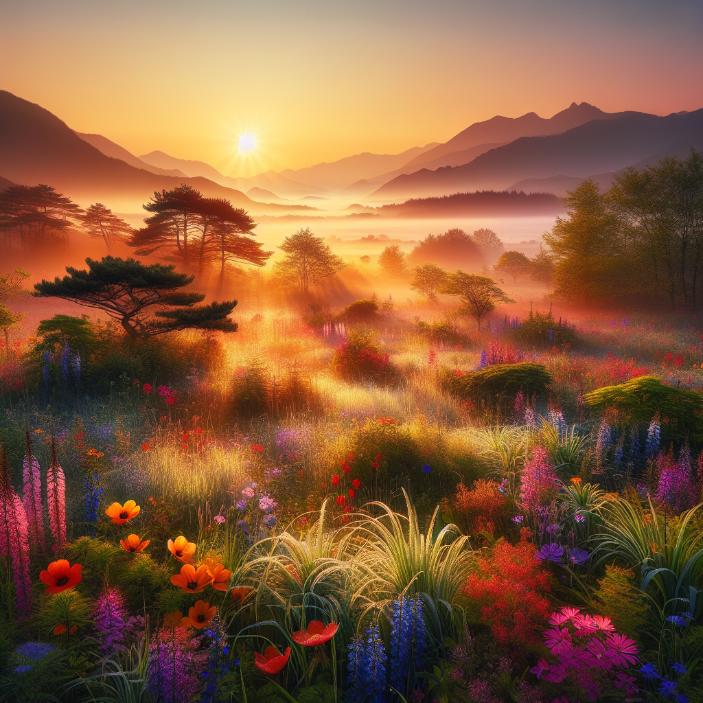 Tranquil early morning landscape with a golden sunrise illuminating dew-kissed grass, blooming flowers, and majestic mountains. A serene good morning image.