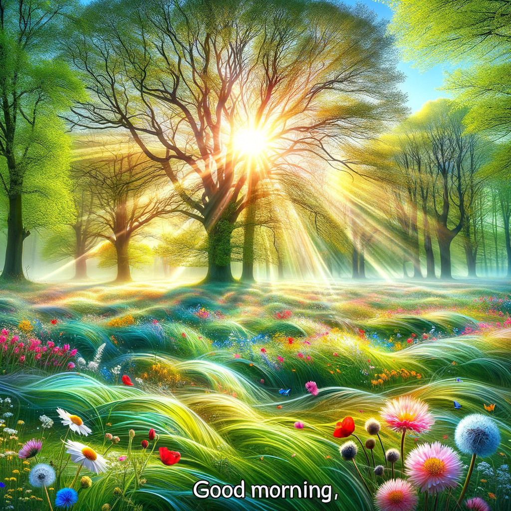 An invigorating good morning image with a sunrise dispersing colors through mist, and 'Good Morning' text.