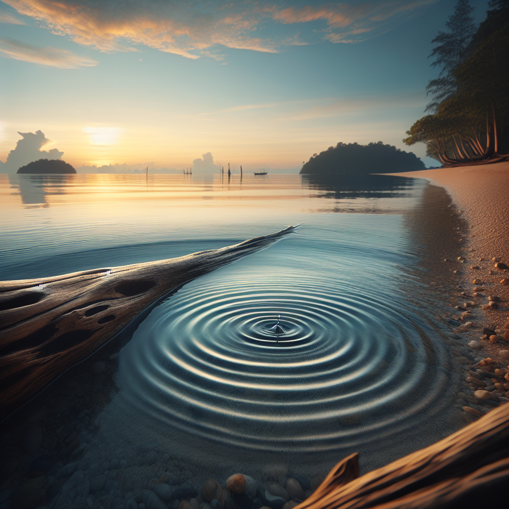 Good morning image of gentle waves lapping the shore under a brightening sky, with a piece of driftwood adding a natural touch.