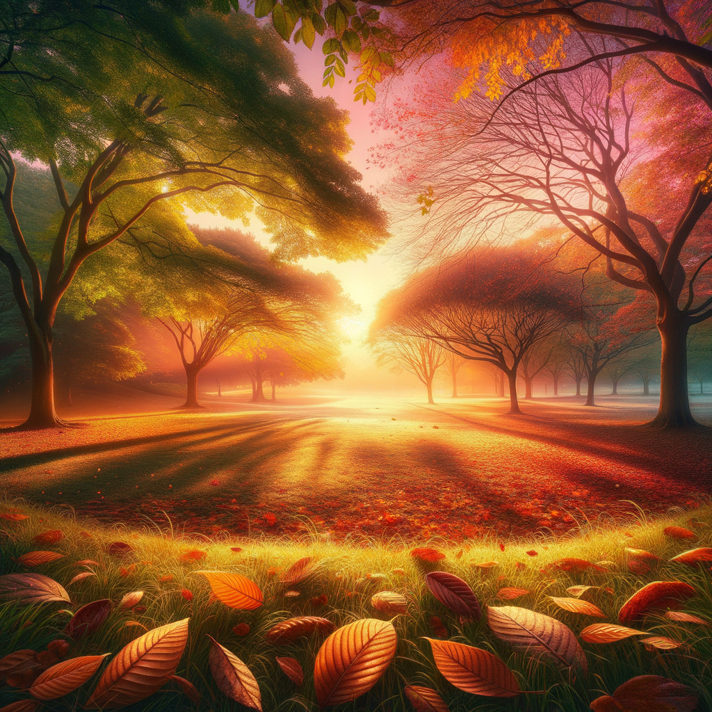 A serene park at sunrise with hues of pink and orange in the sky, golden trees, and scattered dried leaves, embodying a good morning image.