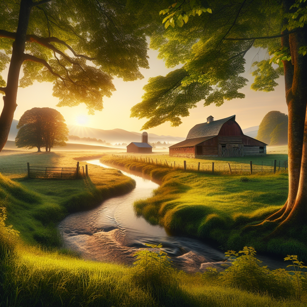 Serene farm landscape at sunrise, showcasing green pastures, a rustic barn, and a gently flowing stream - a perfect good morning image.