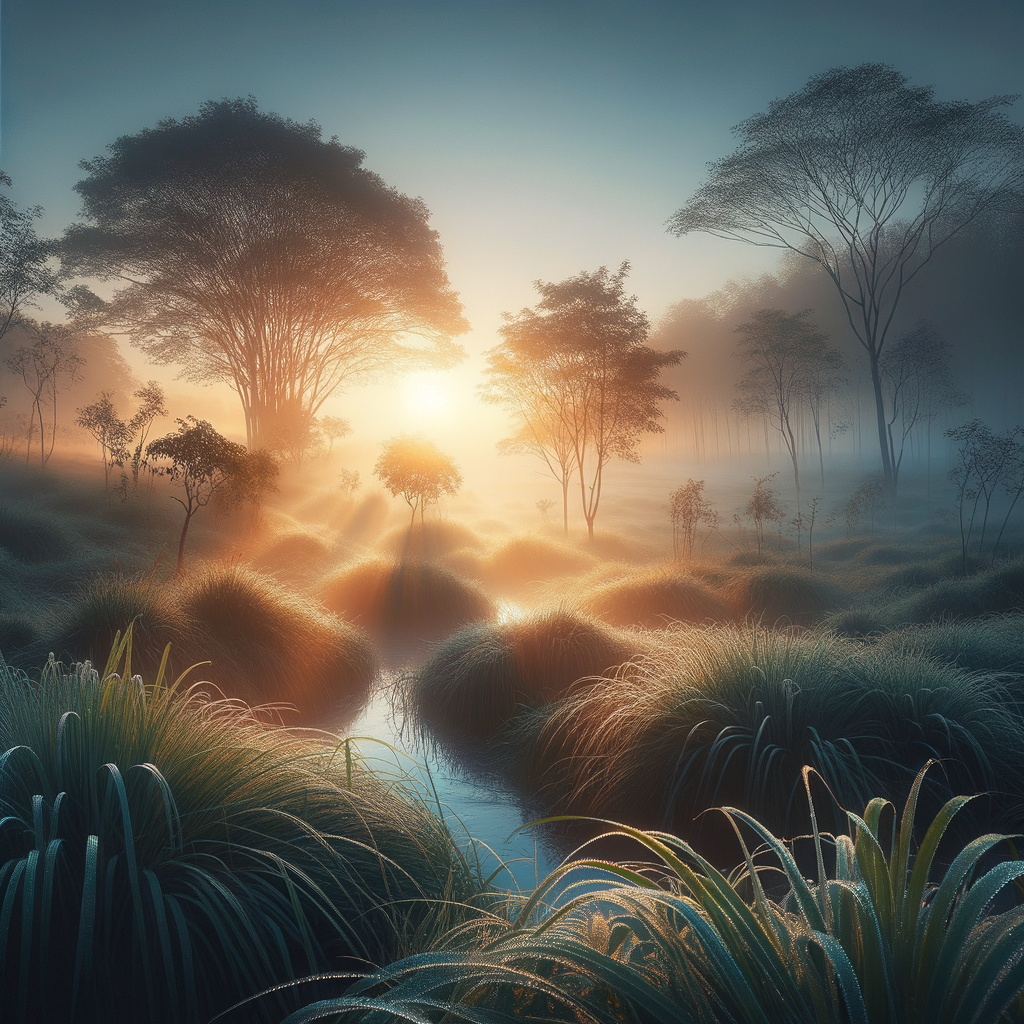 Serene landscape at dawn with sunlight spreading across dew-laden grass and trees, perfect good morning image.