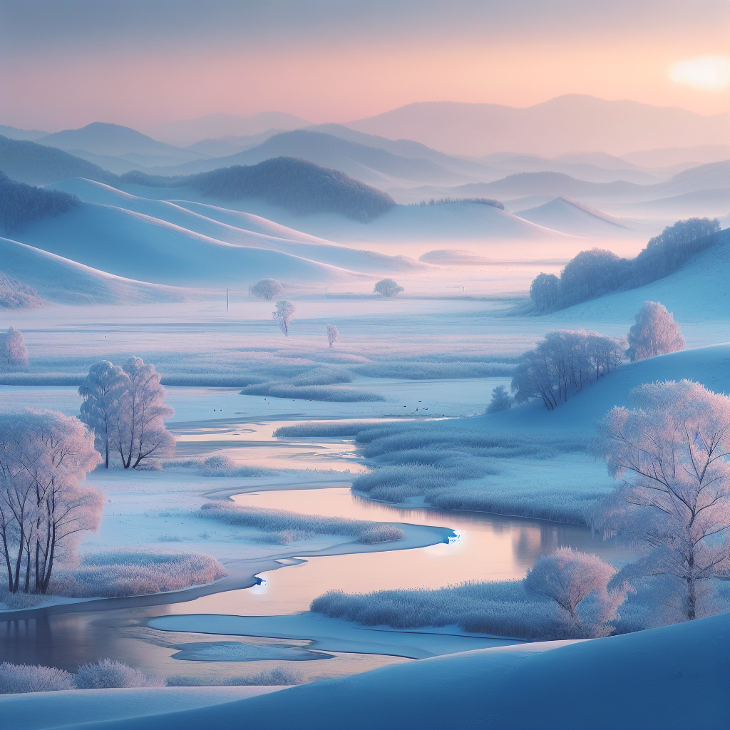 A peaceful winter morning landscape, blanketed in snow under a soft dawn light, symbolizes tranquility and hope - good morning image