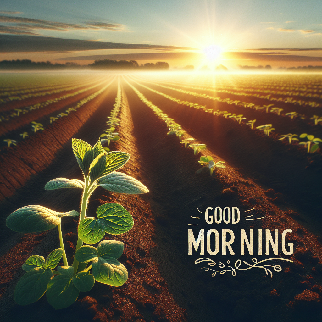 A serene and hopeful good morning image of lush farmland ready for a day of growth, with a gentle morning mist and a rising sun illuminating the fertile soil.