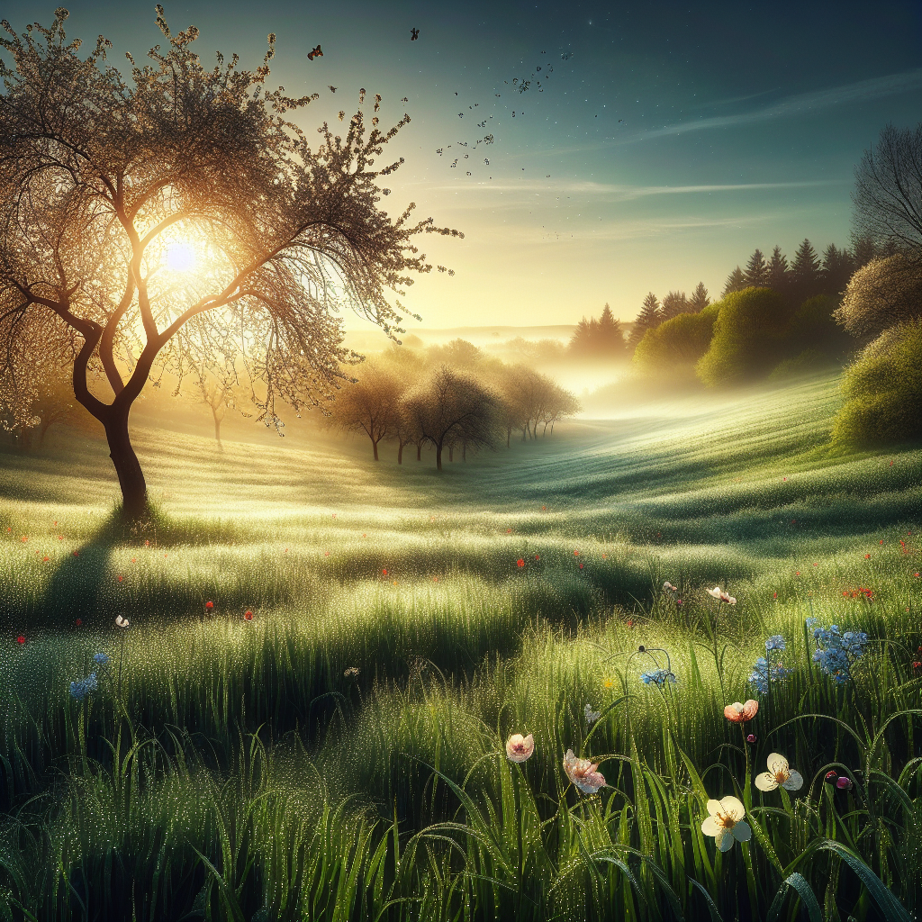 A serene landscape at dawn with blooming flowers, budding trees, and a dew-covered field, embodying a refreshing spring morning.