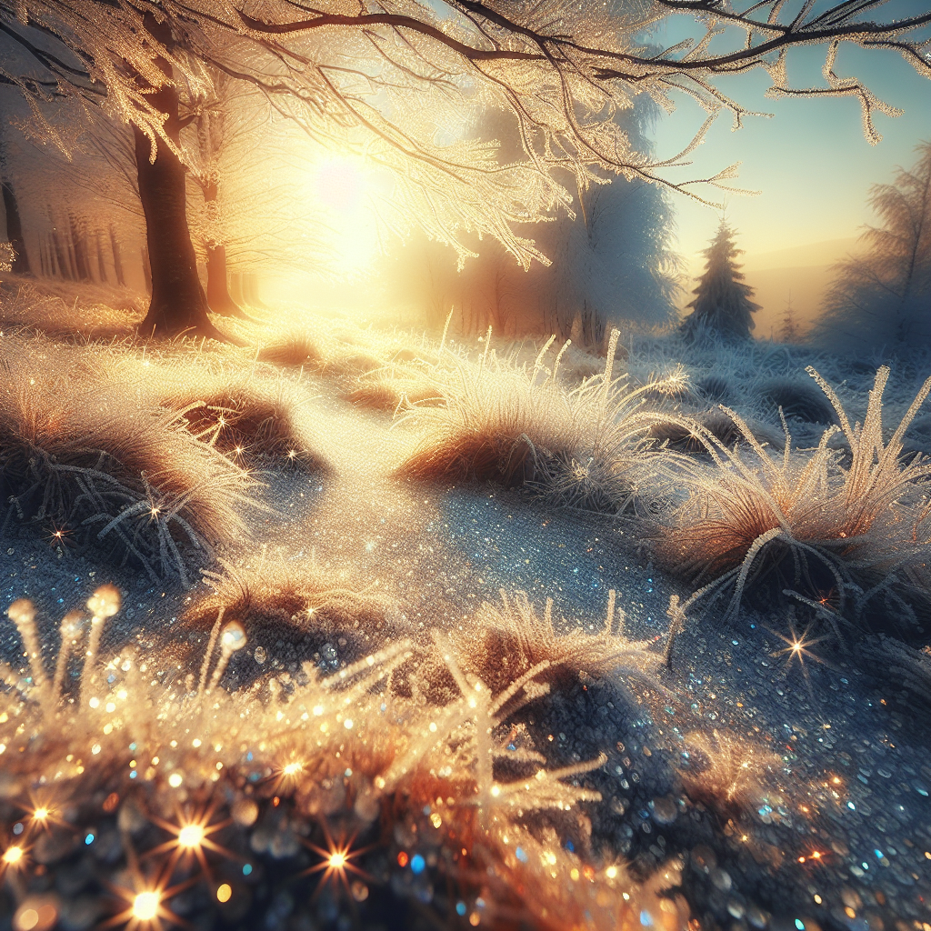 good morning image showcasing a beautiful winter morning scene with frost and ice glistening under the sun