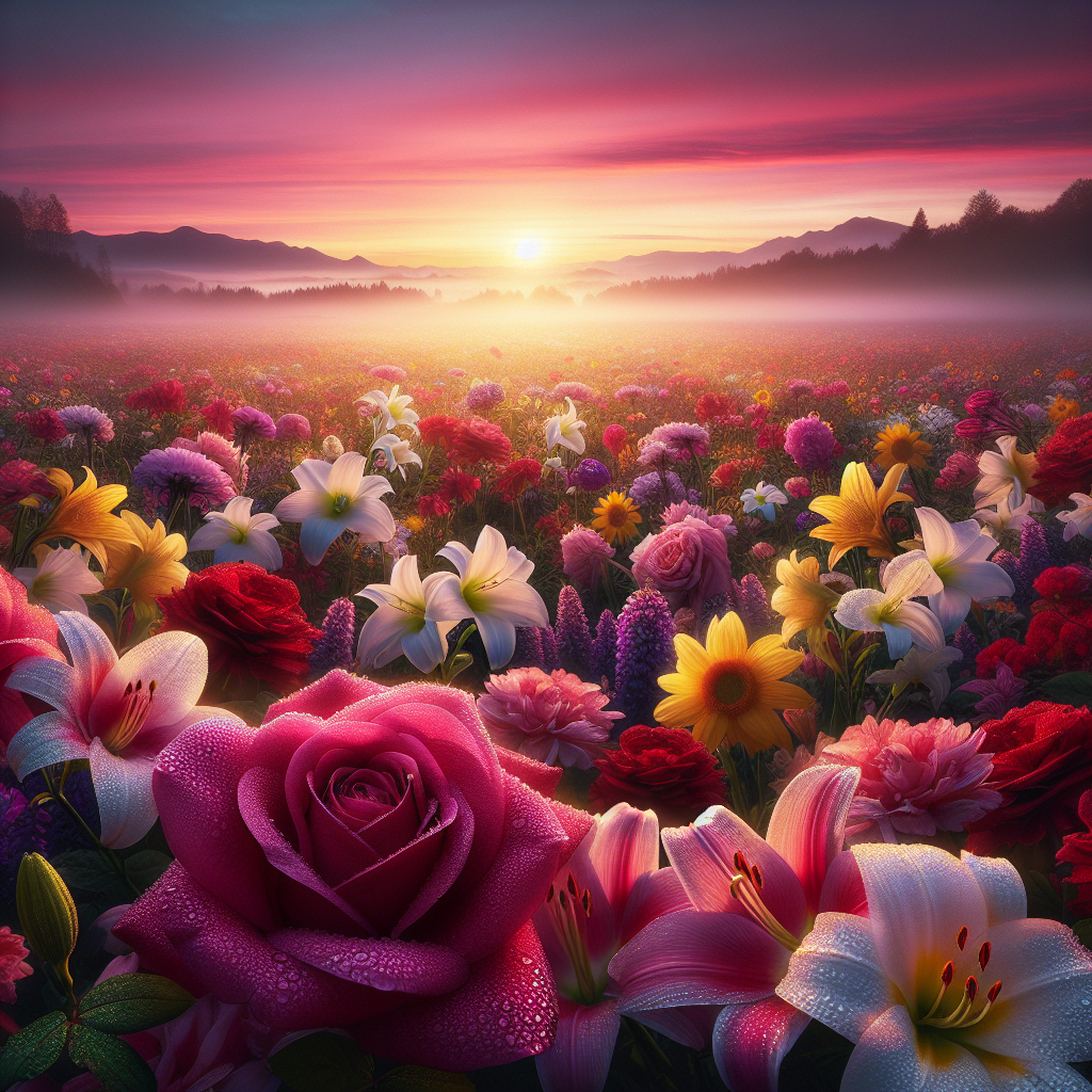 A good morning image of a field filled with diverse and vibrant flowers, touched by the gentle glow of dawn.