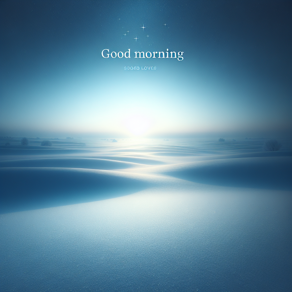 A peacefully serene winter landscape during early morning, blanketed in soft white snow under the dawn light, with 'Good Morning' overlaid.