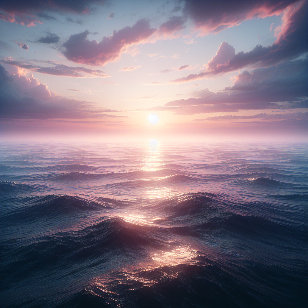 A good morning image of a tranquil ocean at dawn, resplendent with waves glistening in the rising sun's soft hues.