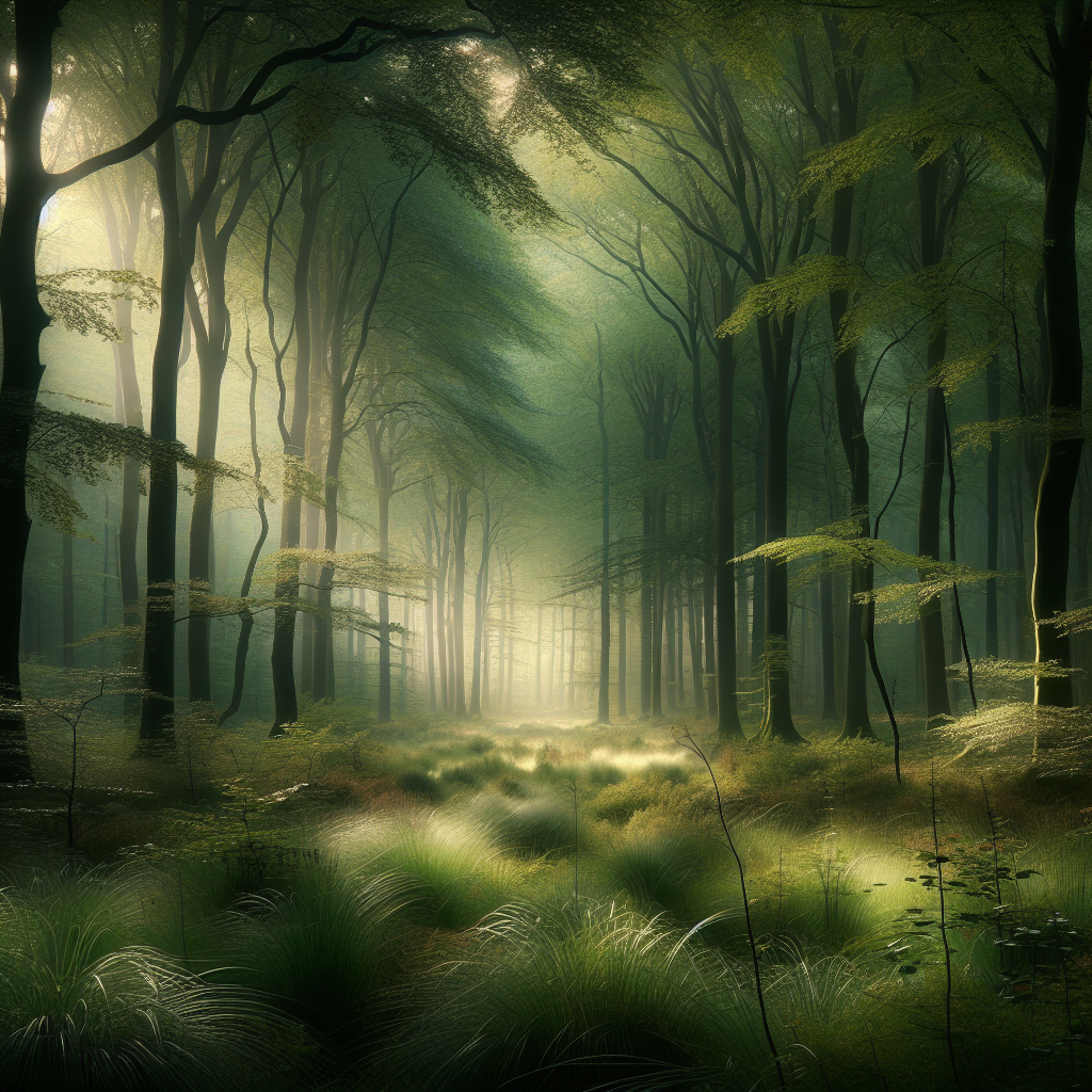 A serene good morning image featuring a peaceful forest at dawn, with leaves and branches gently swaying in the morning breeze.