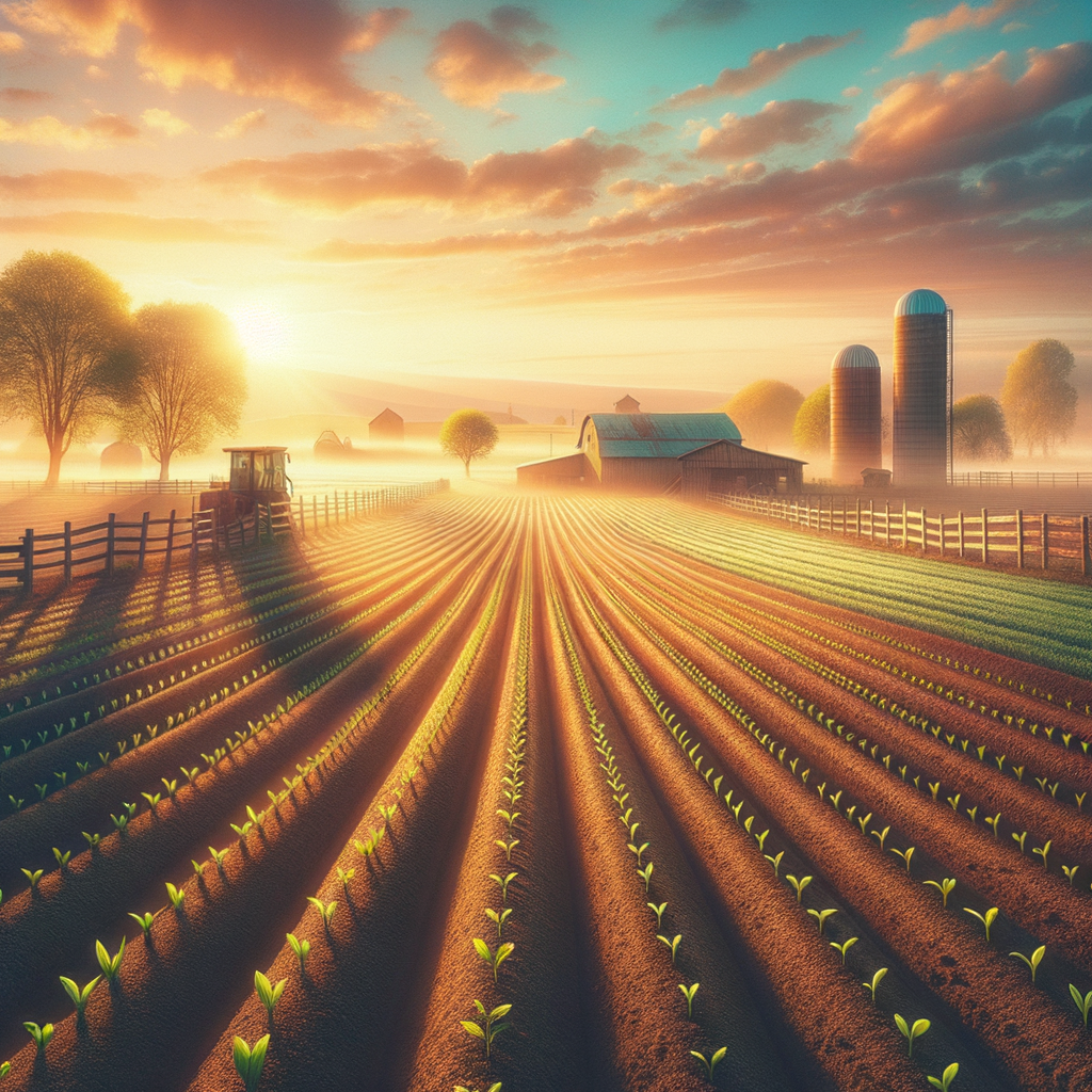 Serene farm landscape with golden sunrise, fertile fields and sprouting seeds, welcoming a new day - good morning image.