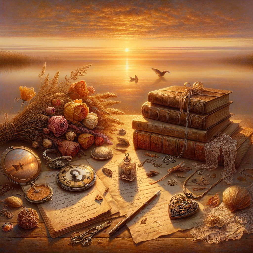 A serene morning scene with romantic mementos, like a locket and dried flowers, bathed in the glow of sunrise.