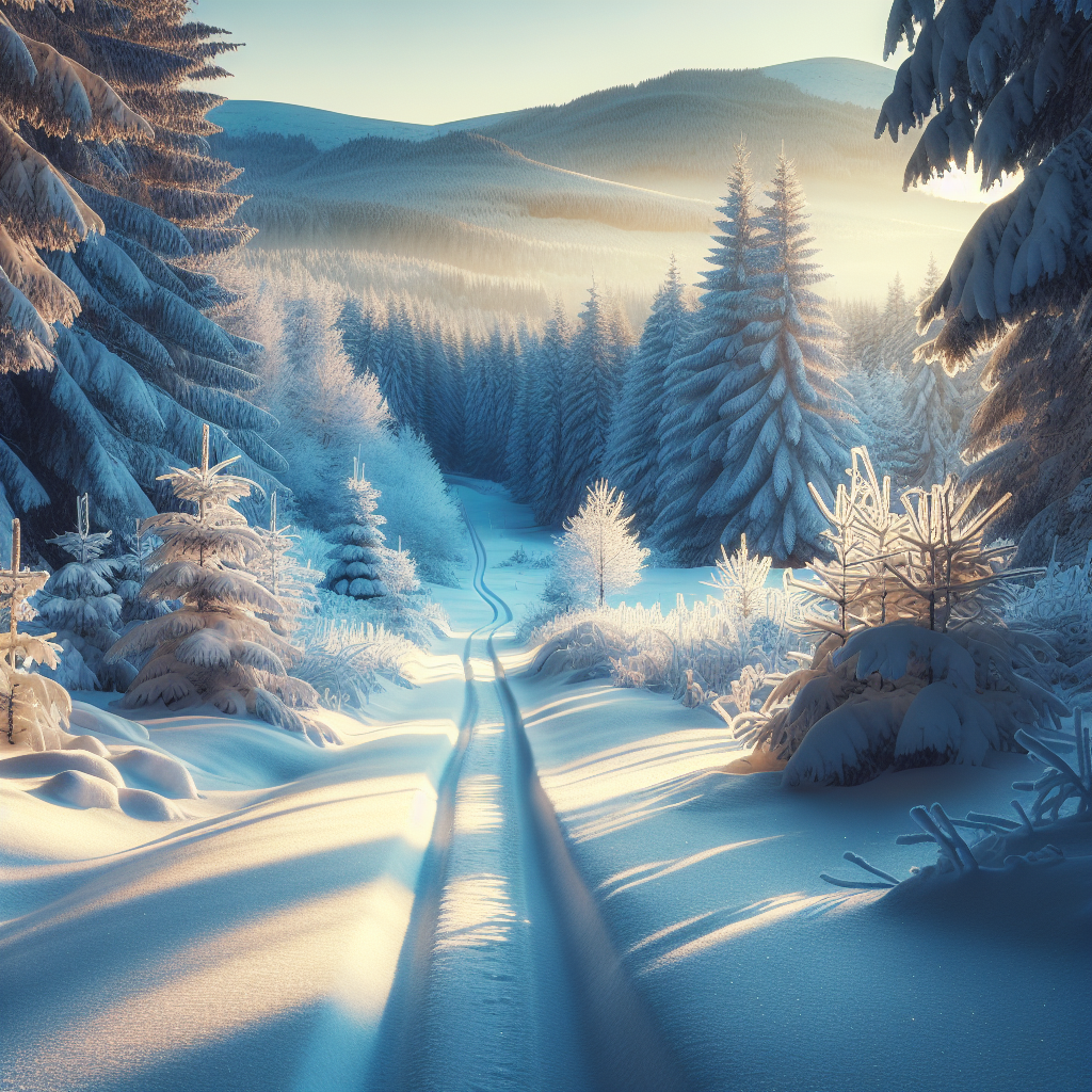 A serene winter landscape in the morning, featuring a path through snow, evergreen trees, and distant mountains, symbolizing a peaceful good morning image.