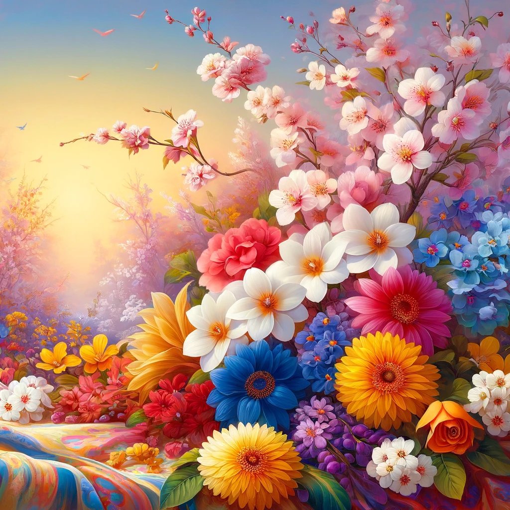 A vibrant good morning image of colorful blossoms in a tranquil garden, embodying a fresh start.