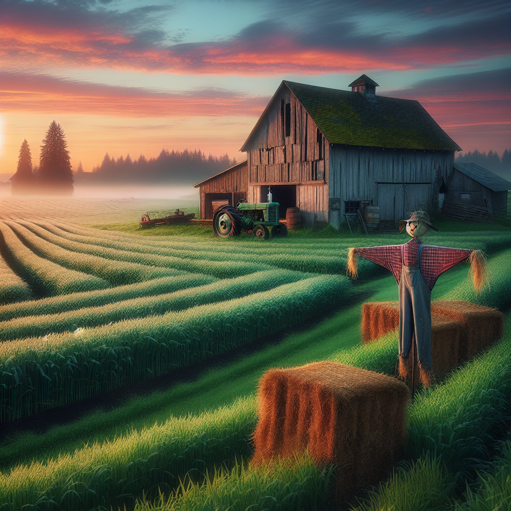 Rustic farm at dawn, vintage tractor by hay bales, and scarecrow in the distance, embodying a peaceful good morning image.