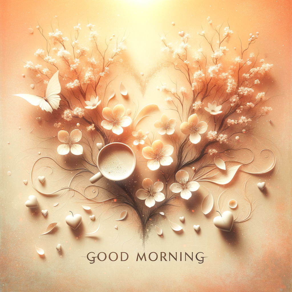 Serene morning landscape with heart-shaped clouds and petals forming a path, captioned with 'Good morning'