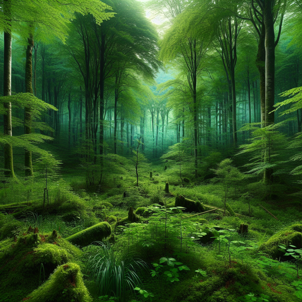 Lush, green forest at dawn, filled with varying shades of green and a sense of peace, symbolizing a fresh start. Perfect as a good morning image