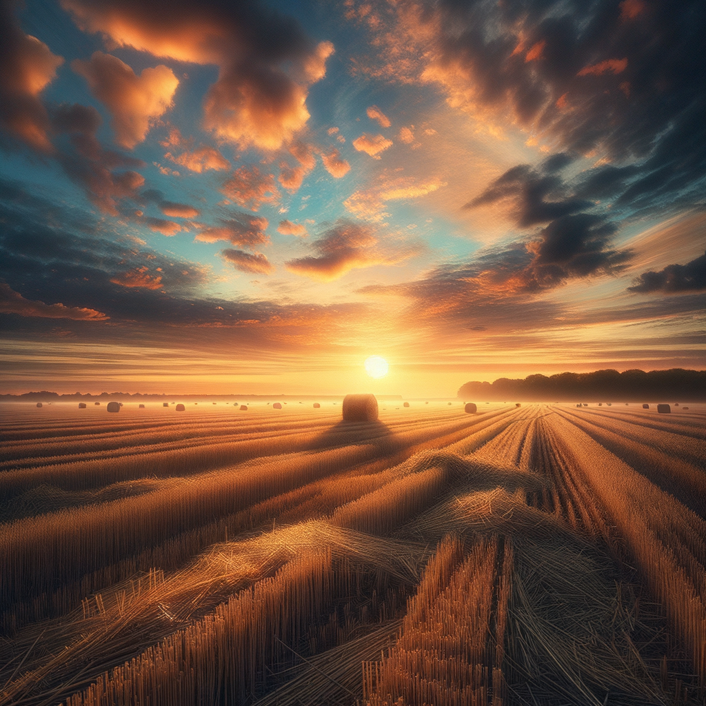 Autumn's bounty after harvest, serene fields under a morning sky transitioning from cool to warm tones, 'Good Morning' in the foreground.