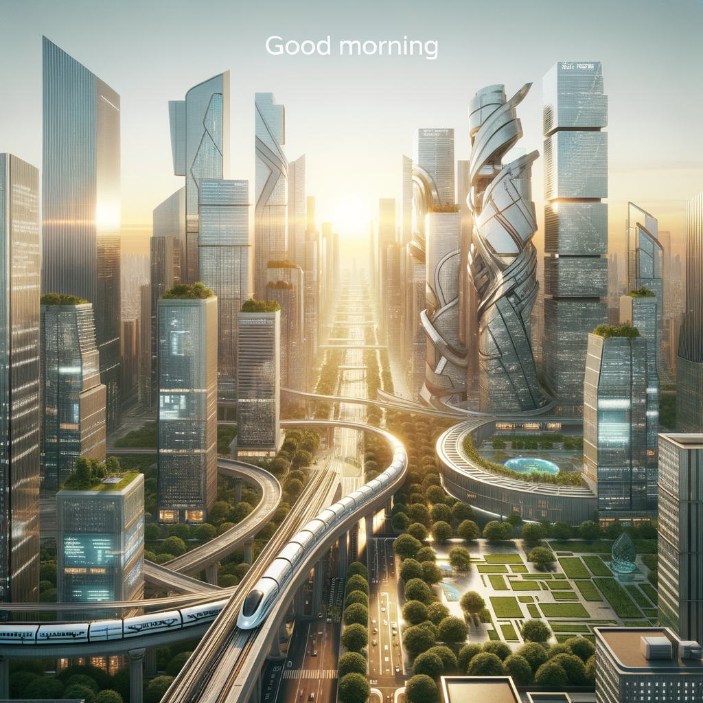 A futuristic cityscape at dawn with skyscrapers, green areas, and maglev trains embodying a good morning image.