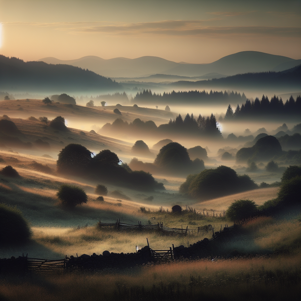 Tranquil countryside in the early morning, rolling hills and soft sunrise, a perfect good morning image.