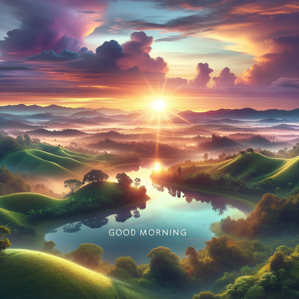 Tranquil good morning image of lush hills, a gentle sunrise, and a calm lake reflecting the vibrant sky.