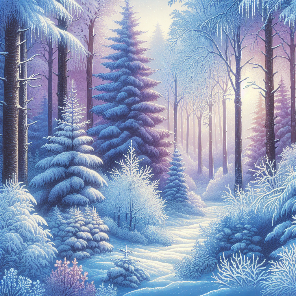 Tranquil winter morning in a forest, with snow-covered trees under a soft sky, encapsulating peace and serenity in this good morning image.