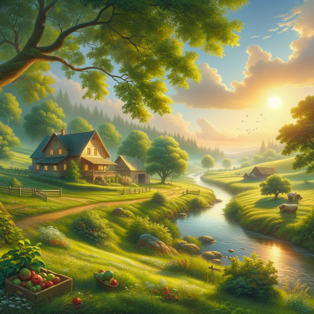 A serene good morning image of a verdant countryside, with a meandering river, fruit-laden trees, and a quaint farmhouse bathed in sunrise.