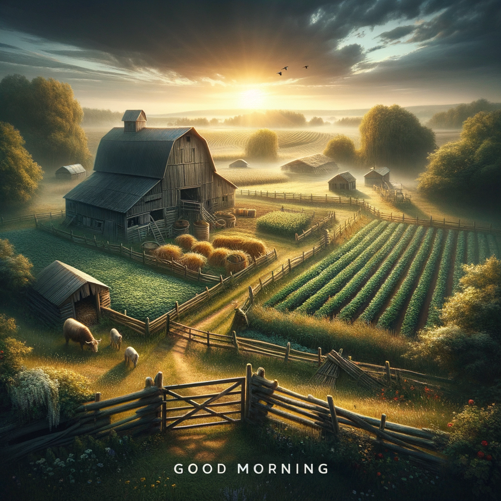 A tranquil sunrise over a well-maintained farm with a barn, garden, and fenced areas, symbolizing care, with 'Good morning' text.