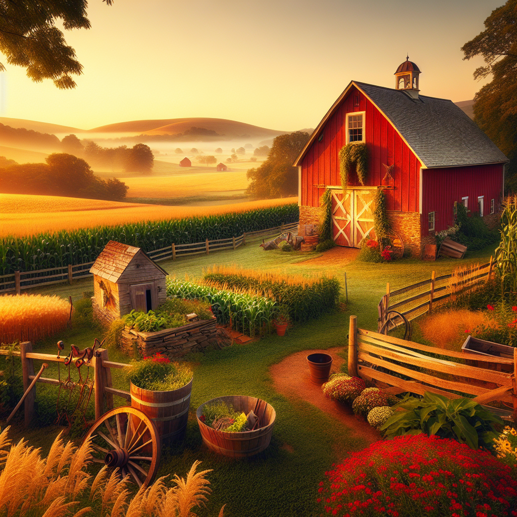 A serene rural scene at sunrise with wheat fields, a red barn, and a blooming garden for a good morning image.