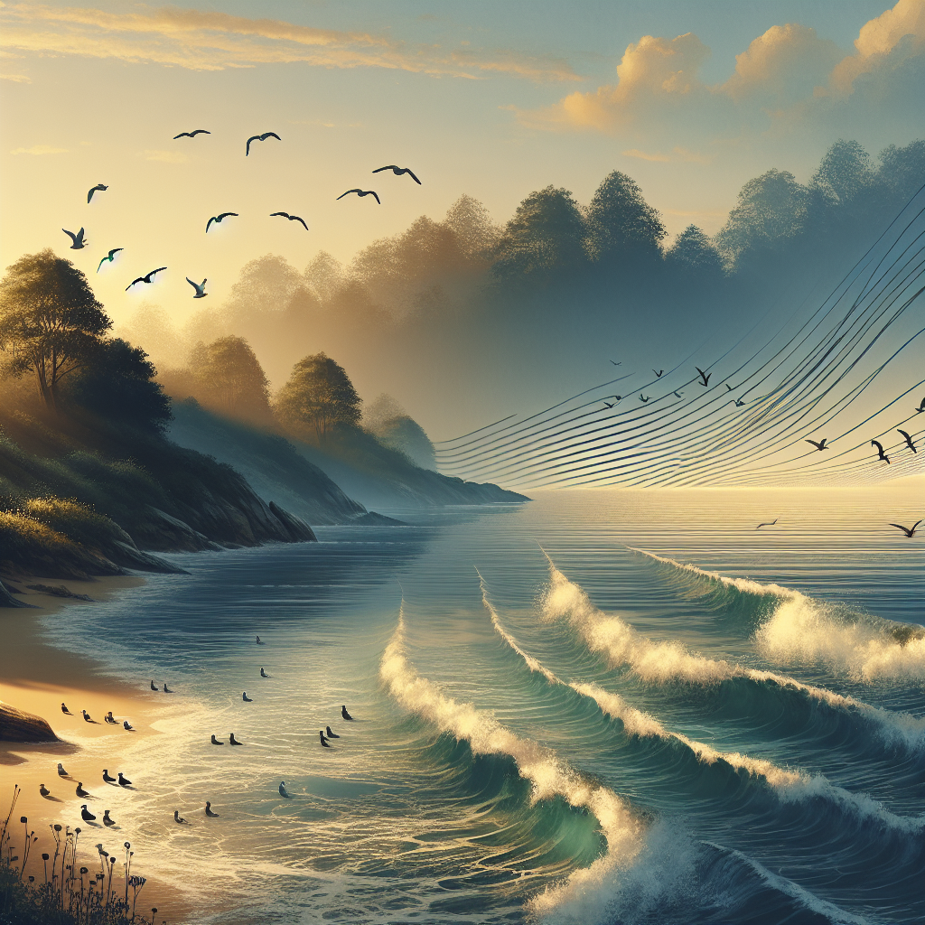 Tranquil ocean scene at dawn with gentle waves and a soft sky, capturing the essence of a serene good morning image.