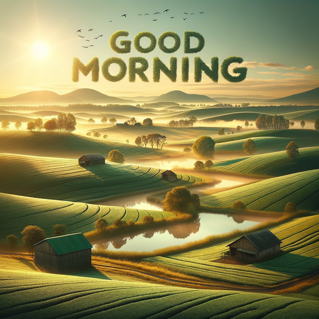 Tranquil rural morning landscape with rolling green fields, ponds reflecting the sunrise, and a 'Good Morning' cloud message.