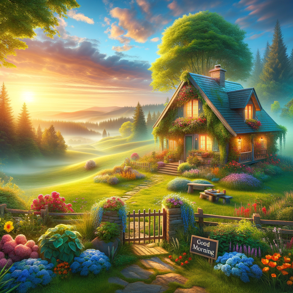 A quintessential good morning image of a cottage surrounded by a blooming garden under a radiant sunrise.