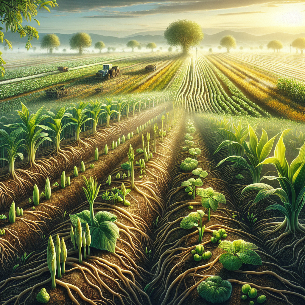 Early morning light bathes a farm, highlighting fields with budding plants and new shoots in a good morning image.