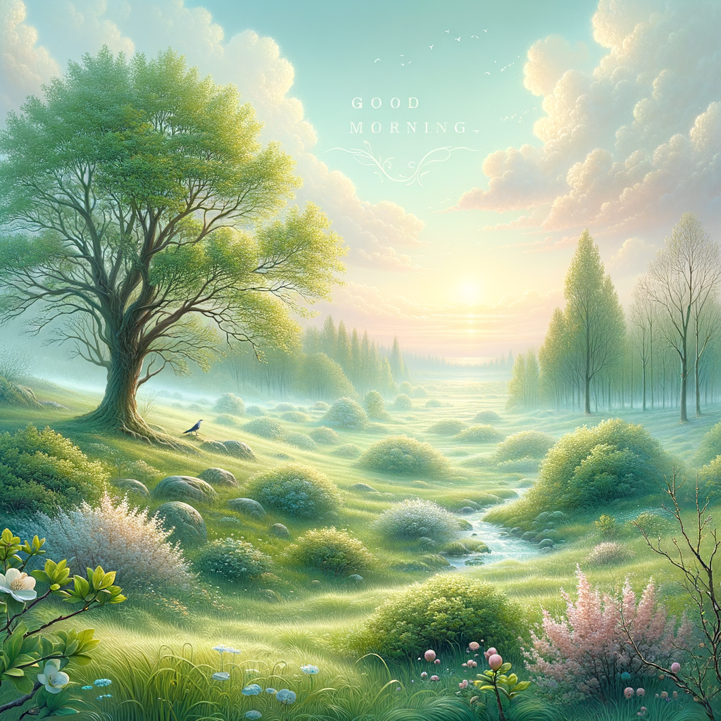 Tranquil spring dawn with budding greenery and pastel sky, conveying a peaceful good morning image.