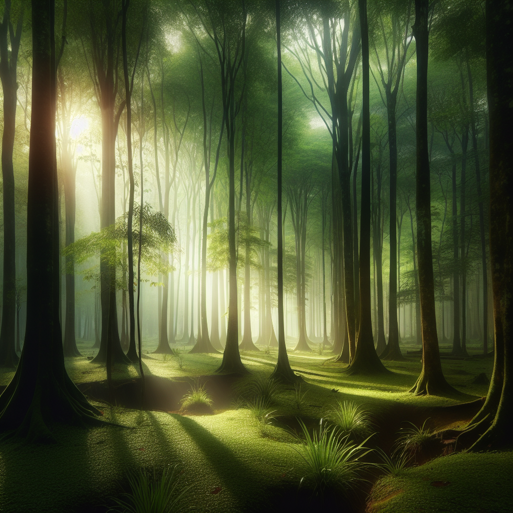 A serene, sunlit forest pathway, inviting for a peaceful morning retreat, perfect as a good morning image.