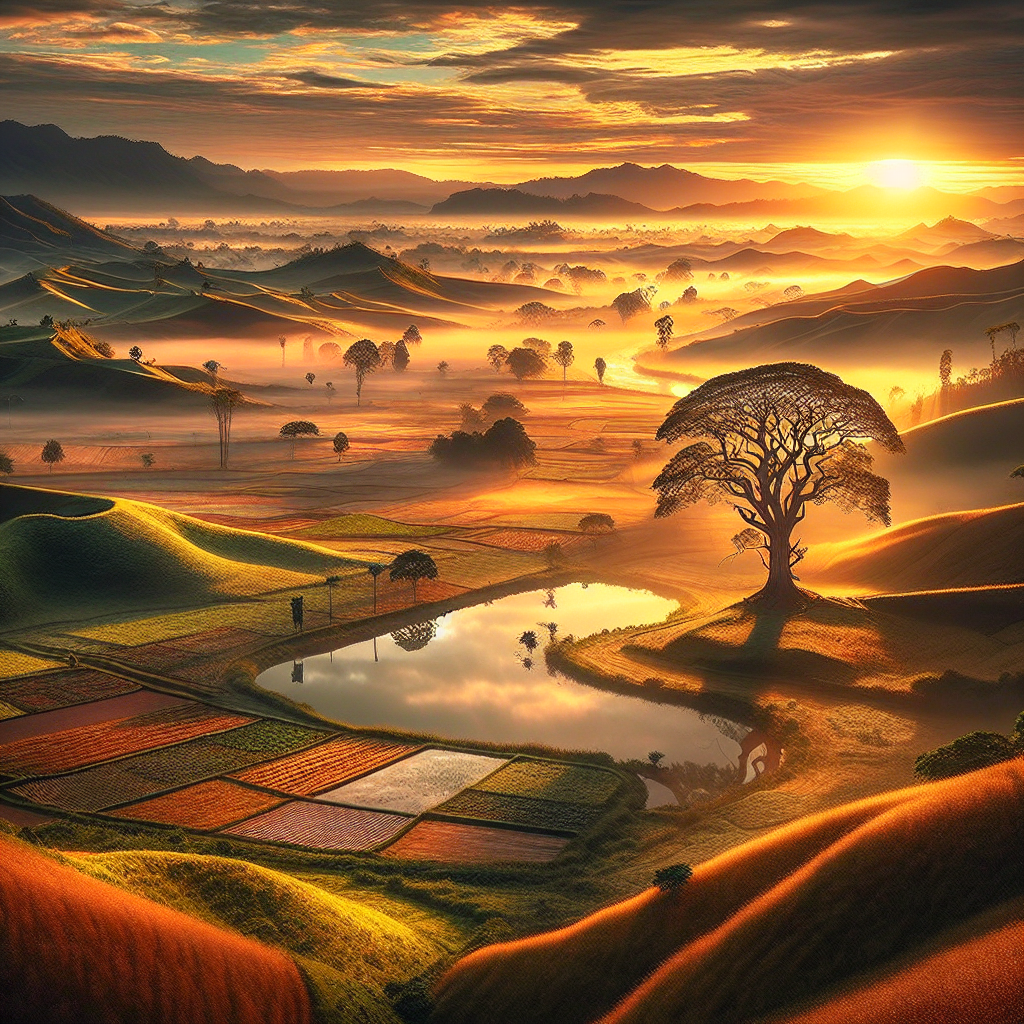 Breathtaking countryside panorama at dawn with warm sunrise colors, a serene lake, and an ancient tree: a good morning image