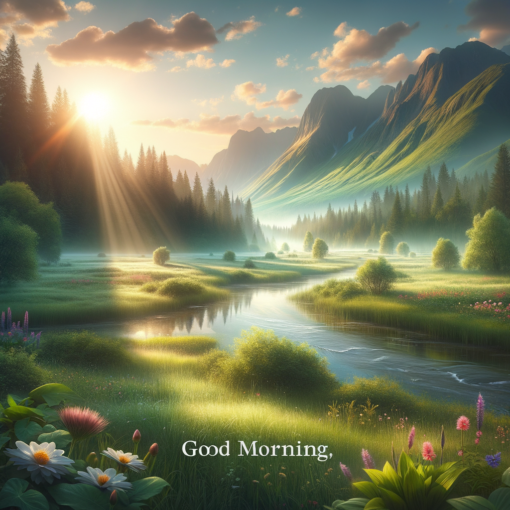 Tranquil morning landscape with sunlight casting shadows, dew on grass shimmering, and a river flowing without any beings.