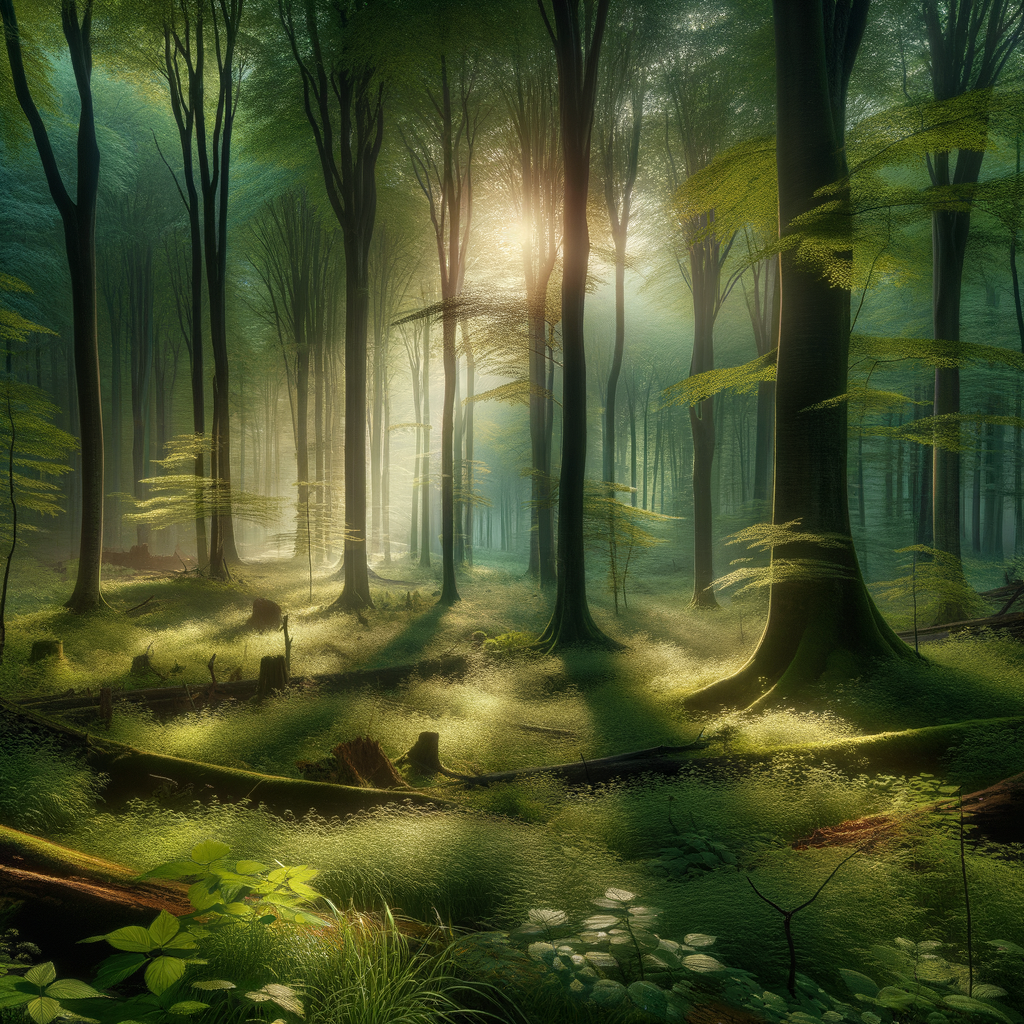 Serene early morning in a vibrant green forest, with sunlight filtering through mist and trees, good morning image.