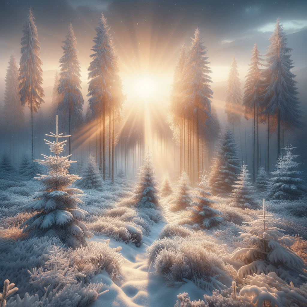 Enchanting winter forest scene in the soft glow of morning light, with trees covered in snow and the text 'Good Morning'.